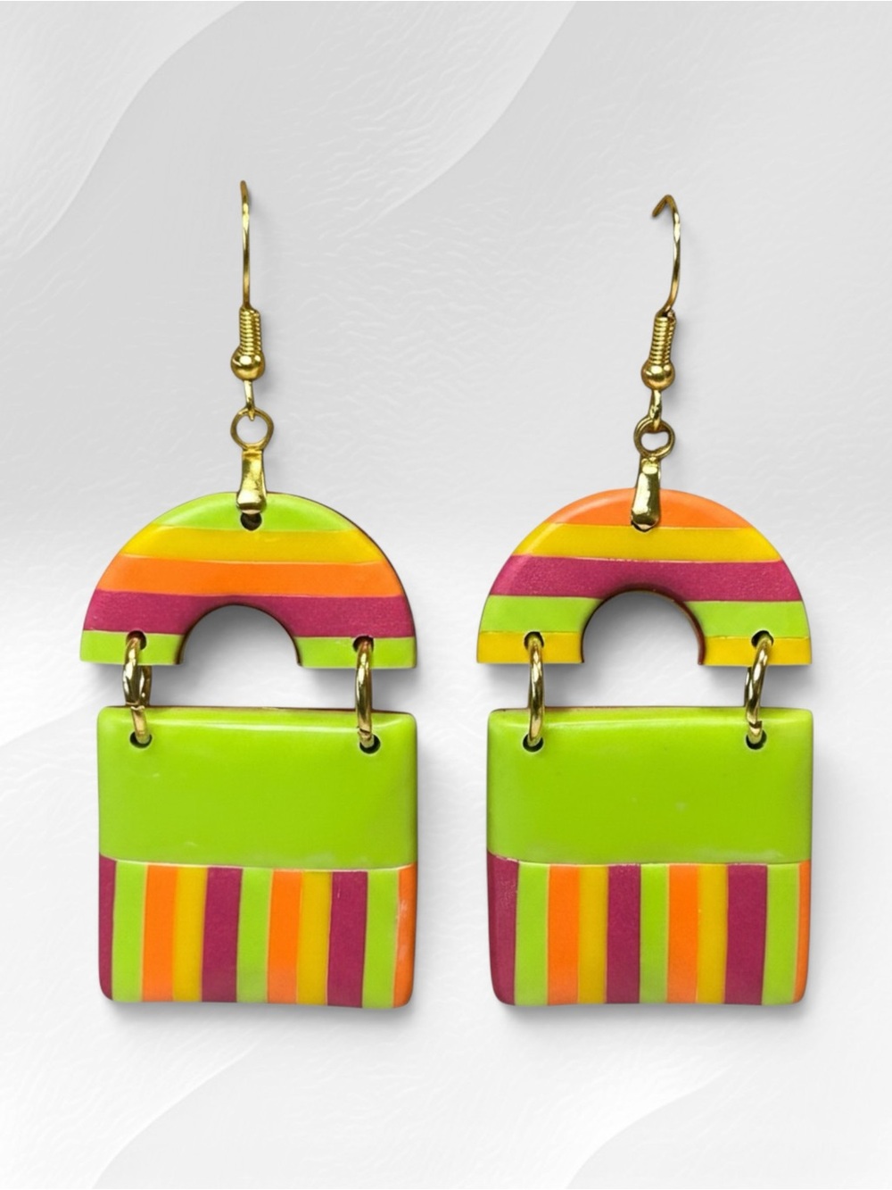 Handmade Rainbow Striped Chandelier Polymer Clay Dangle Earrings Stainless Steel